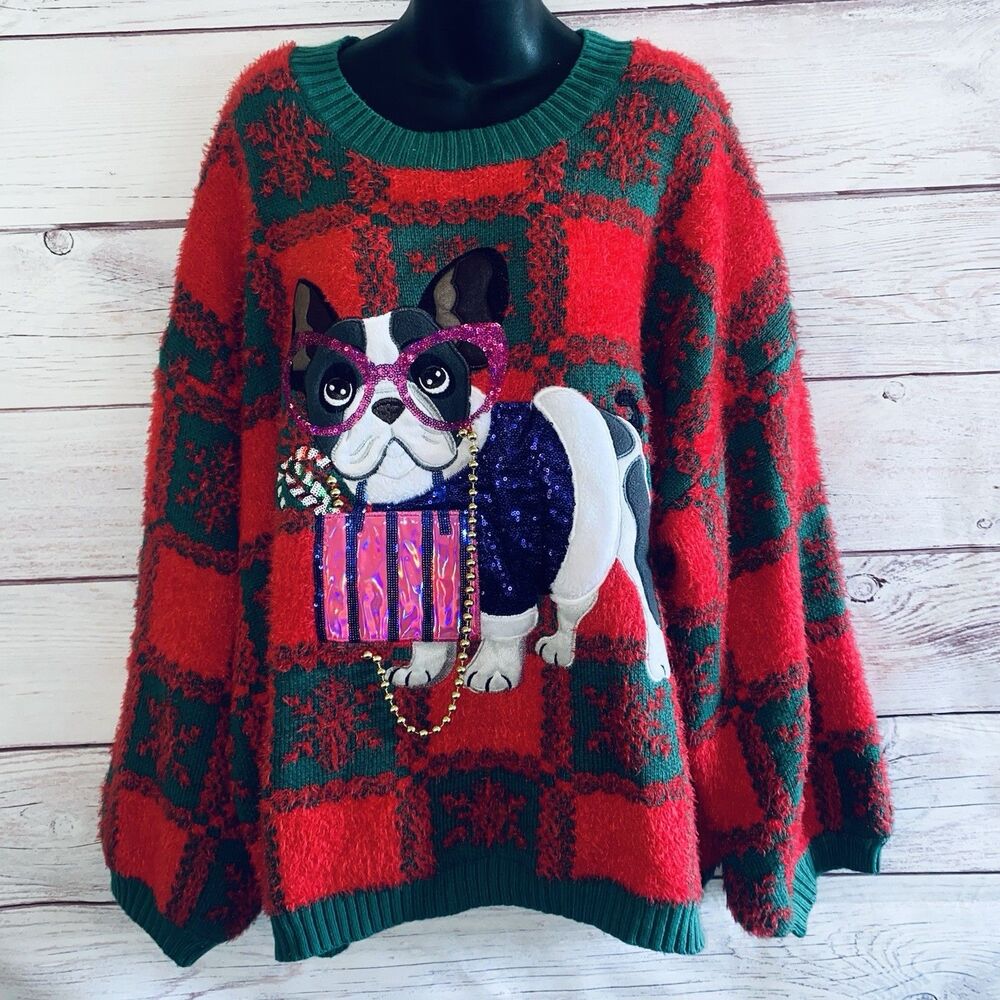 Holiday Time 3X 24W 26W Ugly Christmas Sweater Bulldog Sequin Plaid Plus Size